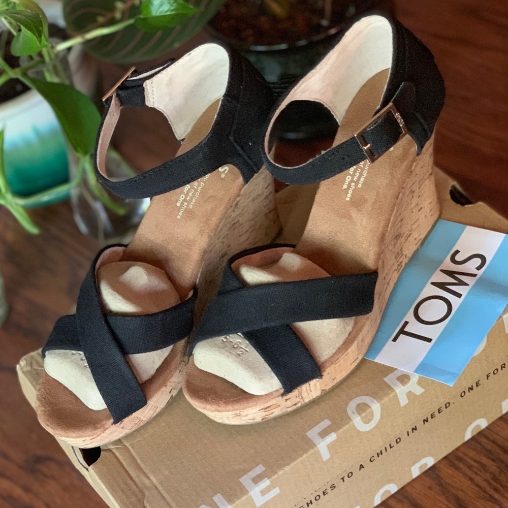 TOMS Strappy Black Canvas Cork Wedges
